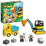 LEGO Duplo Camión y Excavadora con Orugas de Juguete, Juego Educativo de Construcción para Niños y Niñas de 2 Años o Más con Vehículos, 2 Figuras de Trabajadores y Roca 10931