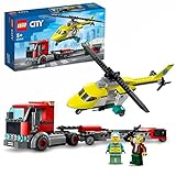 LEGO 60343 City Transporte del Helicóptero de Rescate con Camión de Juguete y Mini Figuras, Regalo para Niños y Niñas de 5 Años en Adelante