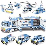 WYSWYG City Police Toy Building Blocks, 1042 Piezas 8 en 1 Comisaría de policía con Coche de policía y helicóptero, Juego de Bloques de construcción compatibles (Azul)