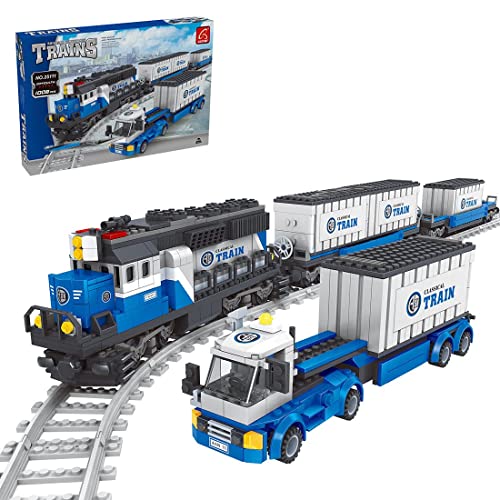FZXL Bloques de construcción de trenes de ciudad técnicos, 1008 piezas de modelo de tren estático creativo con pista compatible con Lego Technik (832 piezas, azul)